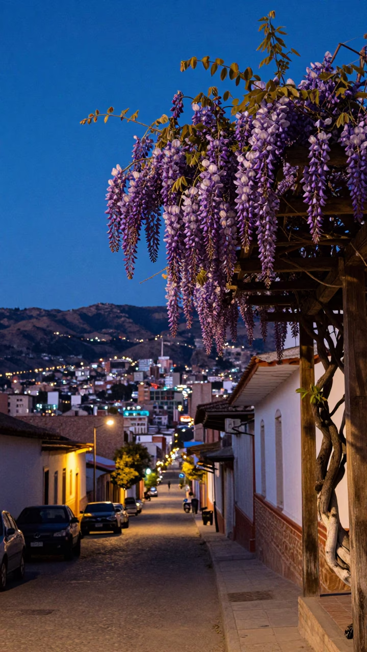 Twilight Street Scene in La Paz Bolivia with Wisteria and Urban Life in in La Paz, Bolivia