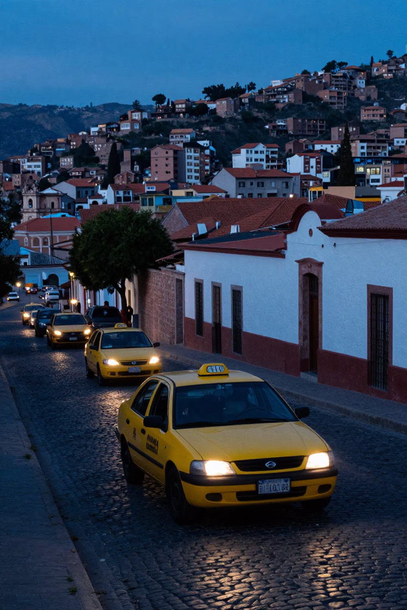 Twilight Street Scene in La Paz Bolivia with Yellow Taxi and Urban Atmosphere in in La Paz, Bolivia