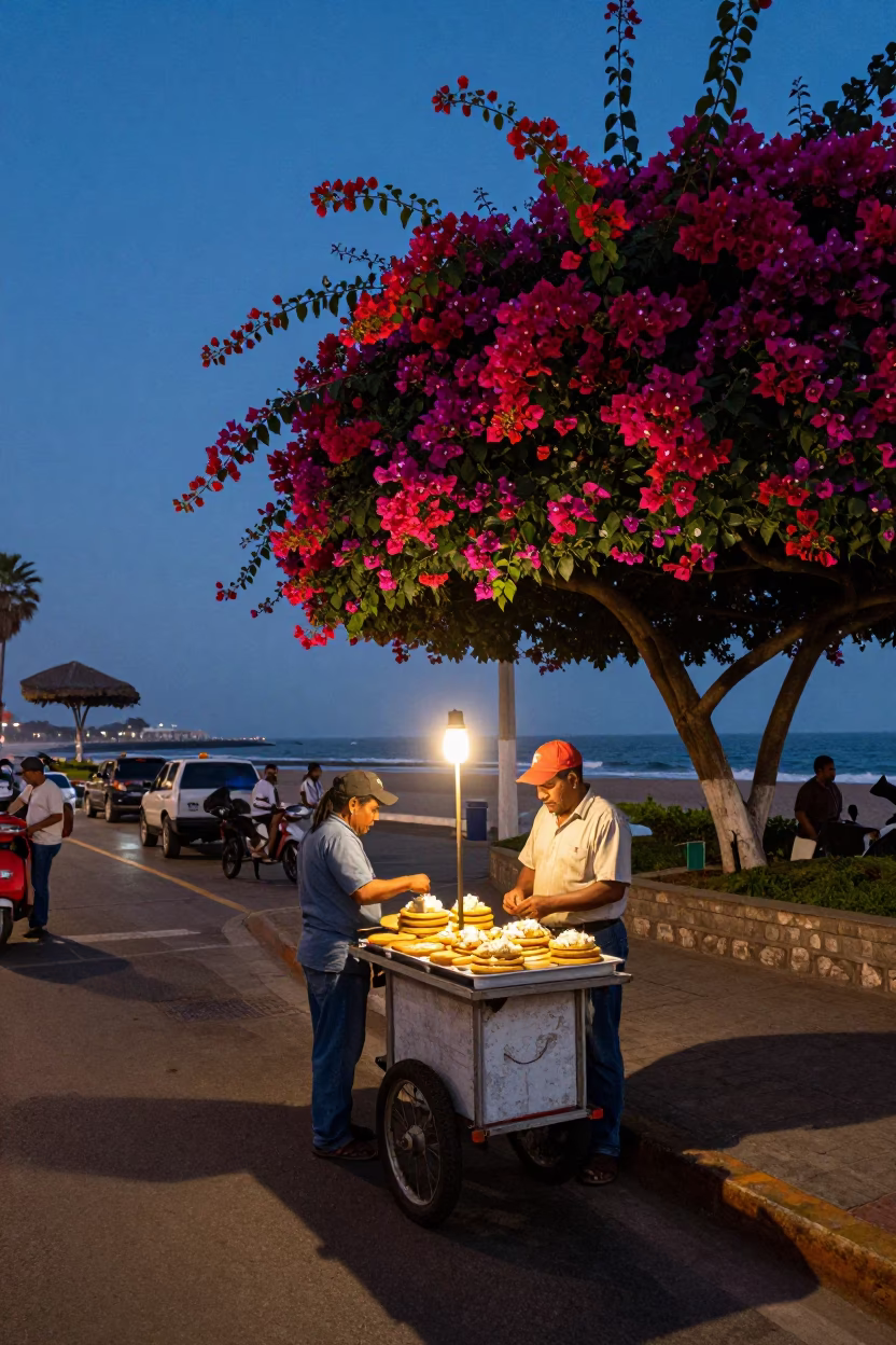 Twilight Street Scene in Lima Peru with Bougainvillea and Coastal Life in in Lima, Peru