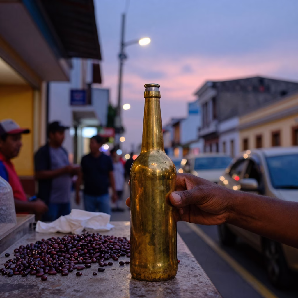 Twilight Street Scene in Lima Peru with Brass Bottle and Bean Stew in in Lima, Peru