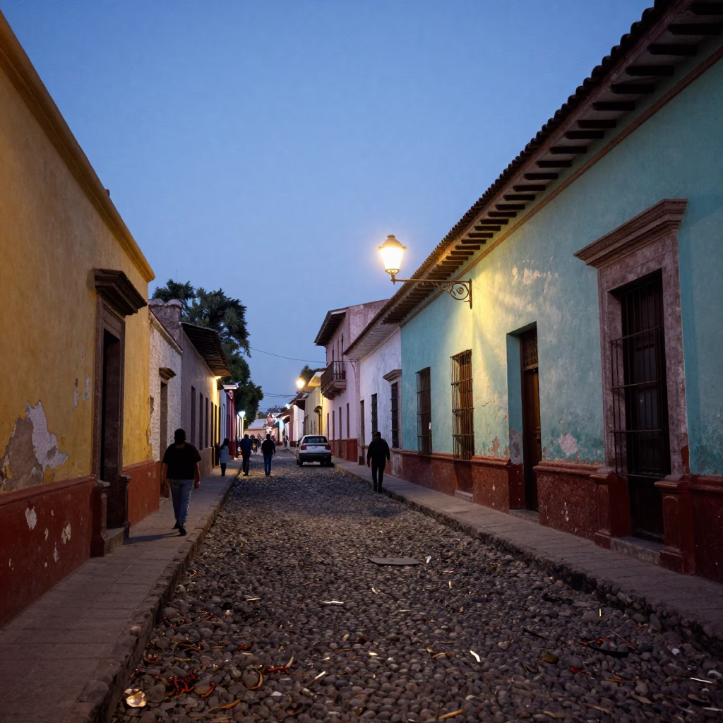 Twilight Street Scene in Lima Peru with Chili Peppers and Rusting Metal in in Lima, Peru