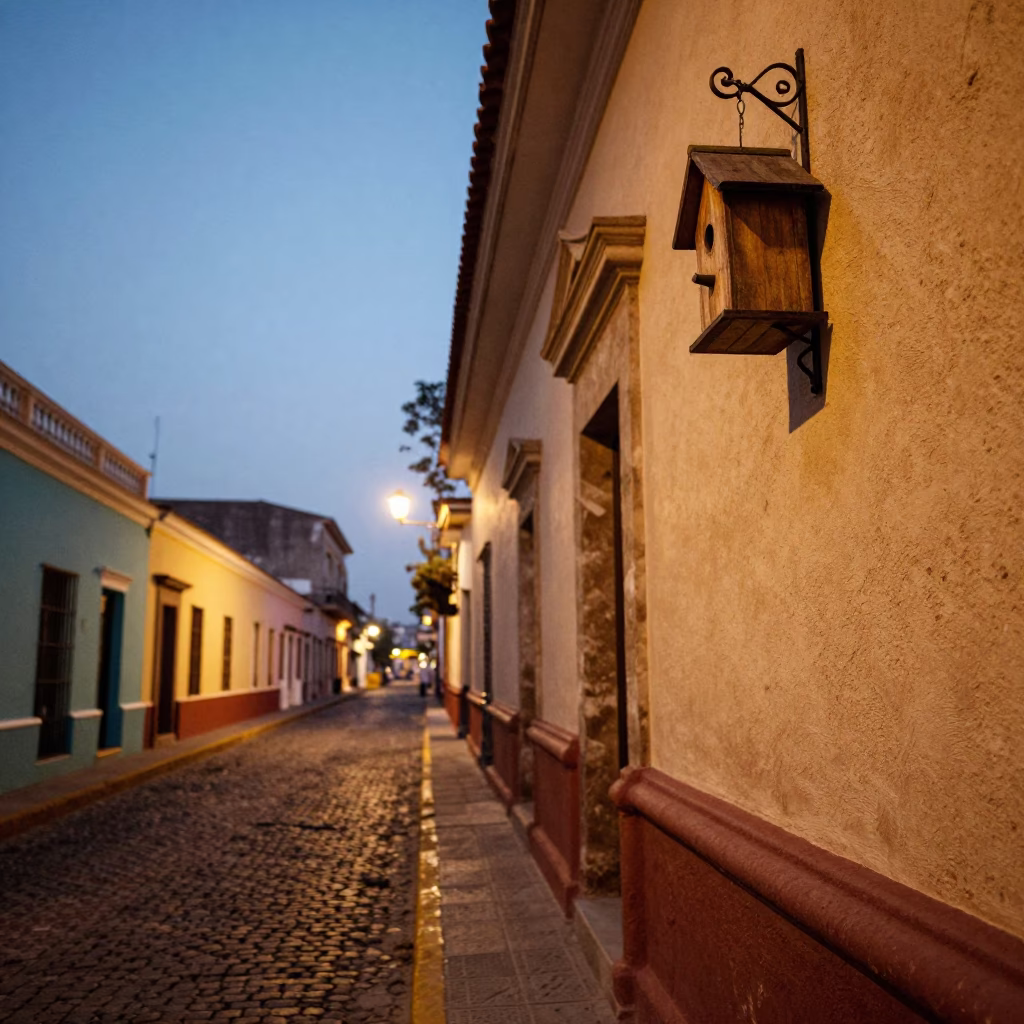 Twilight Street Scene in Lima Peru with Colorful House and Birdhouse in in Lima, Peru