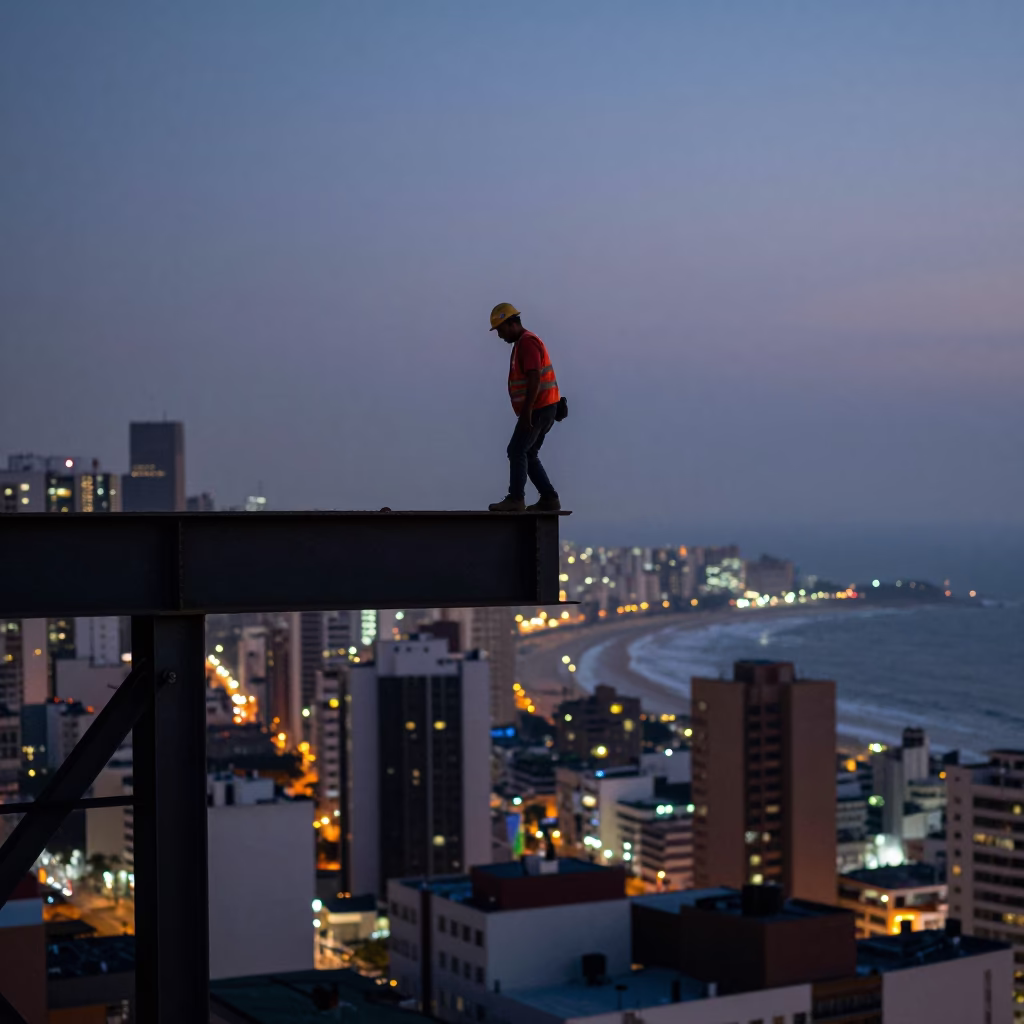 Twilight Street Scene in Lima Peru with Construction Worker on Steel Beam in in Lima, Peru