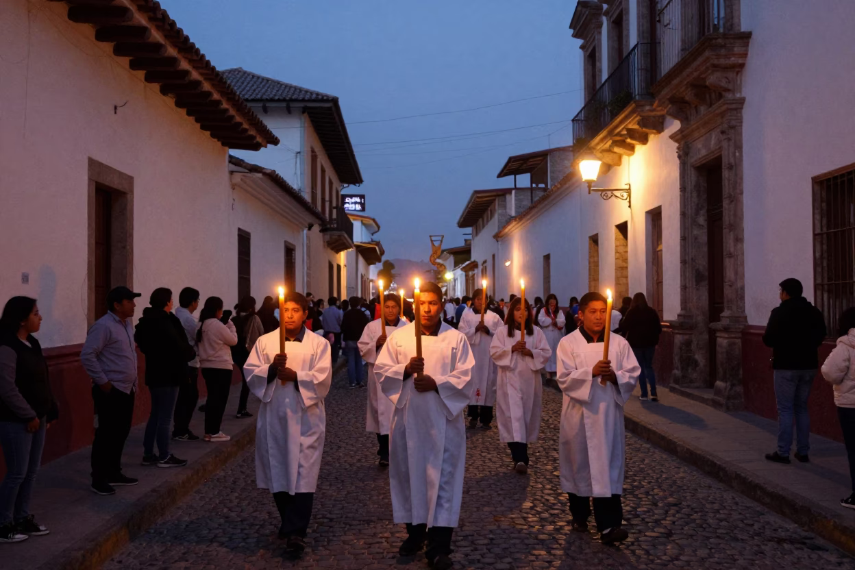 Twilight Street Scene in Lima Peru with Easter Procession and Candlelight in in Lima, Peru
