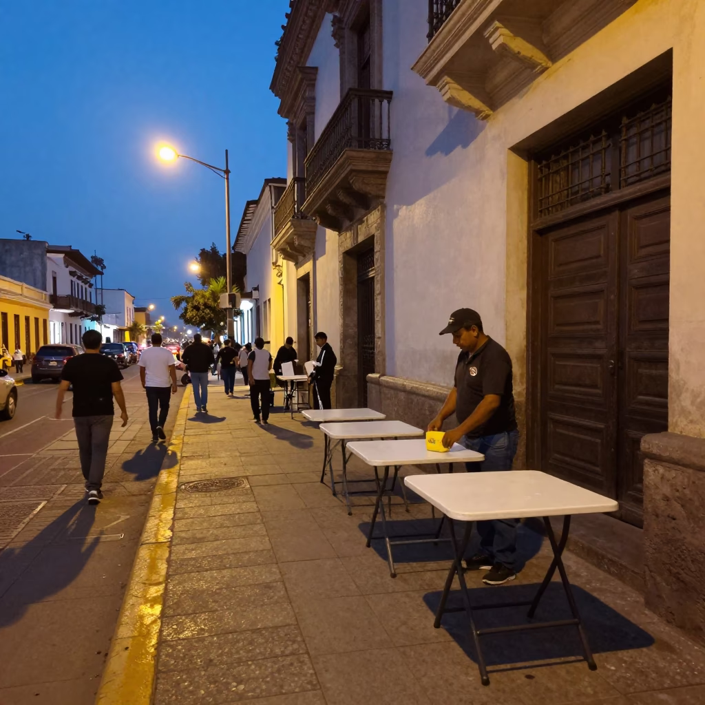 Twilight street scene in Lima Peru with folding tables and local vendors in in Lima, Peru
