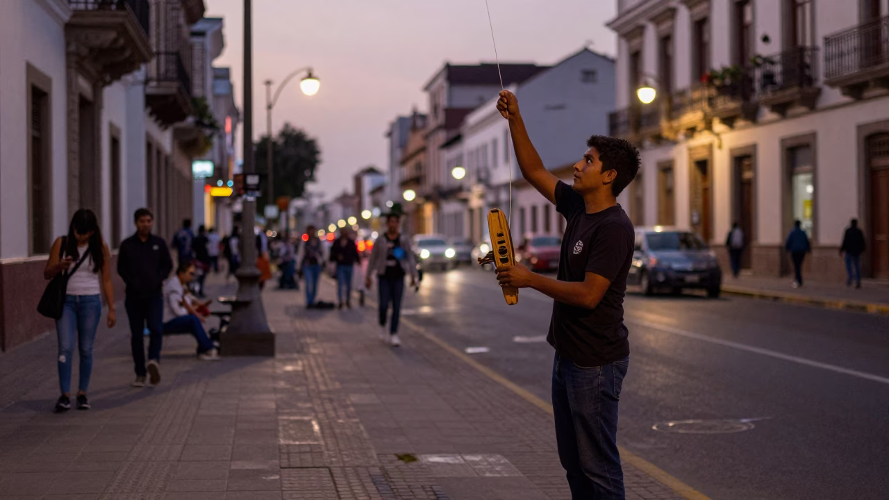 Twilight Street Scene in Lima Peru with Kite Reel and Urban Activity in in Lima, Peru