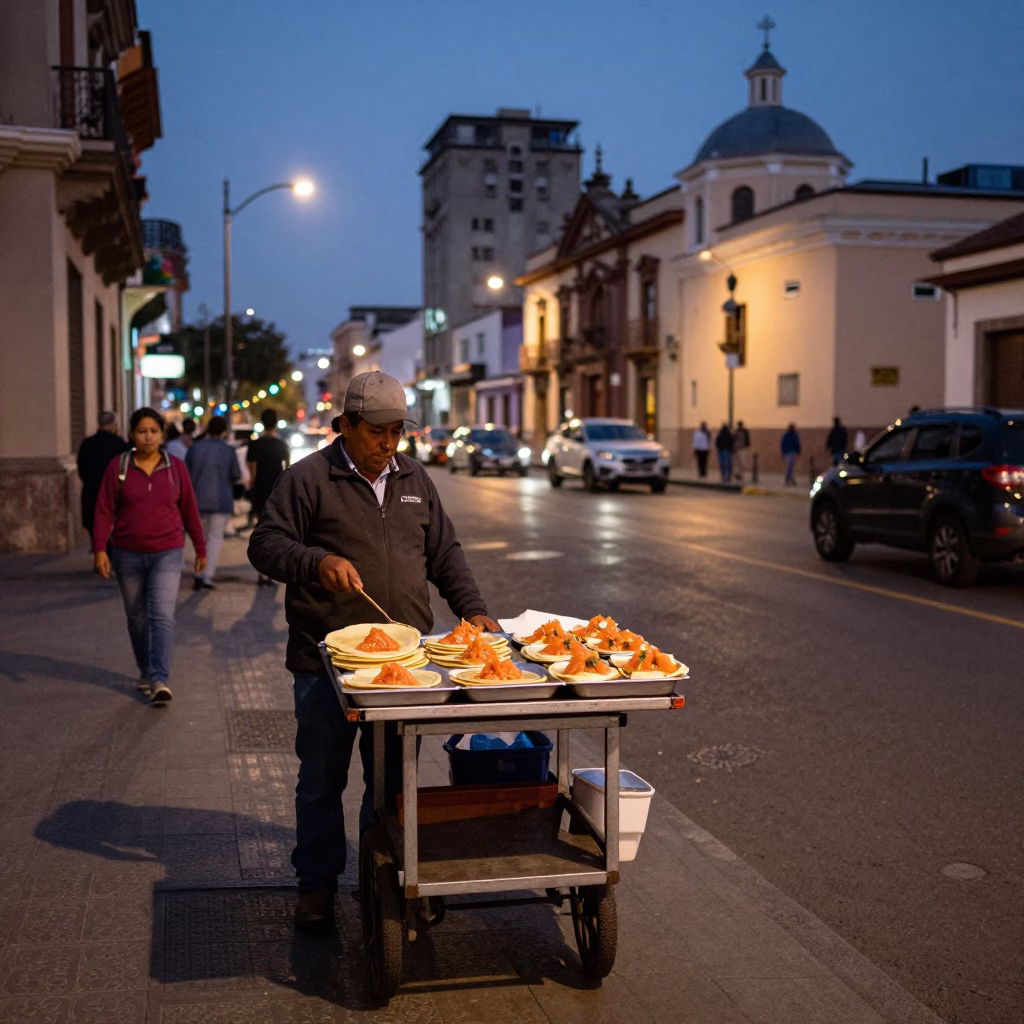 Twilight Street Scene in Lima Peru with Local Vendor and Urban Details in in Lima, Peru
