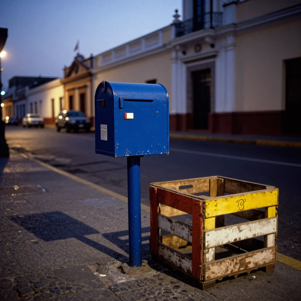 Twilight Street Scene in Lima Peru with Mailbox and Painted Crate in in Lima, Peru