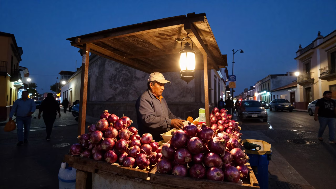 Twilight Street Scene in Lima Peru with Onions and Lantern Light in in Lima, Peru
