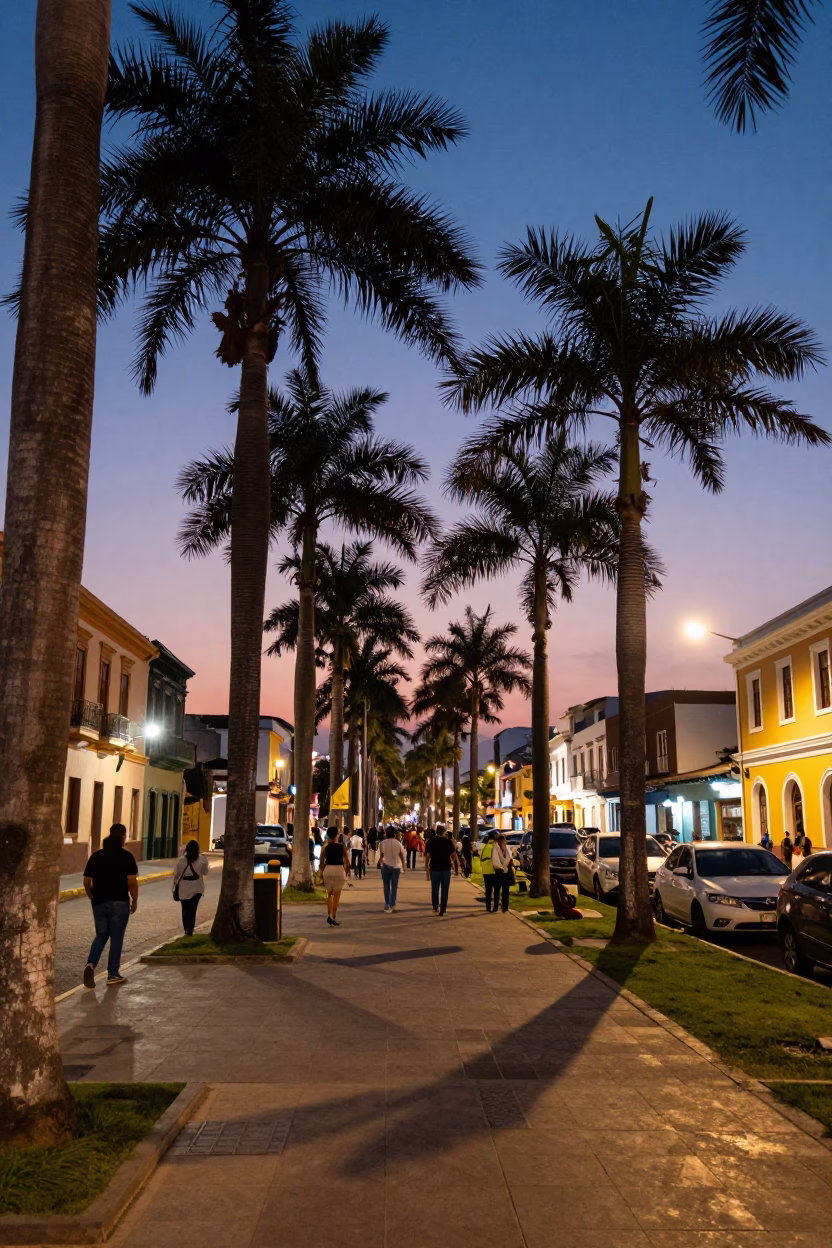Twilight Street Scene in Lima Peru with Palm Trees and Urban Activity in in Lima, Peru
