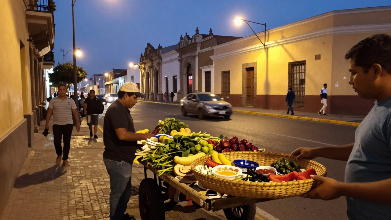 Twilight Street Scene in Lima Peru with Traditional Basket Tray and Local Commerce in in Lima, Peru