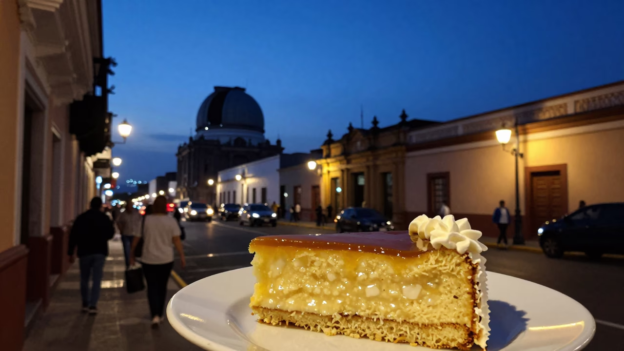 Twilight Street Scene in Lima Peru with Tres Leches Cake and Local Market Activity in in Lima, Peru