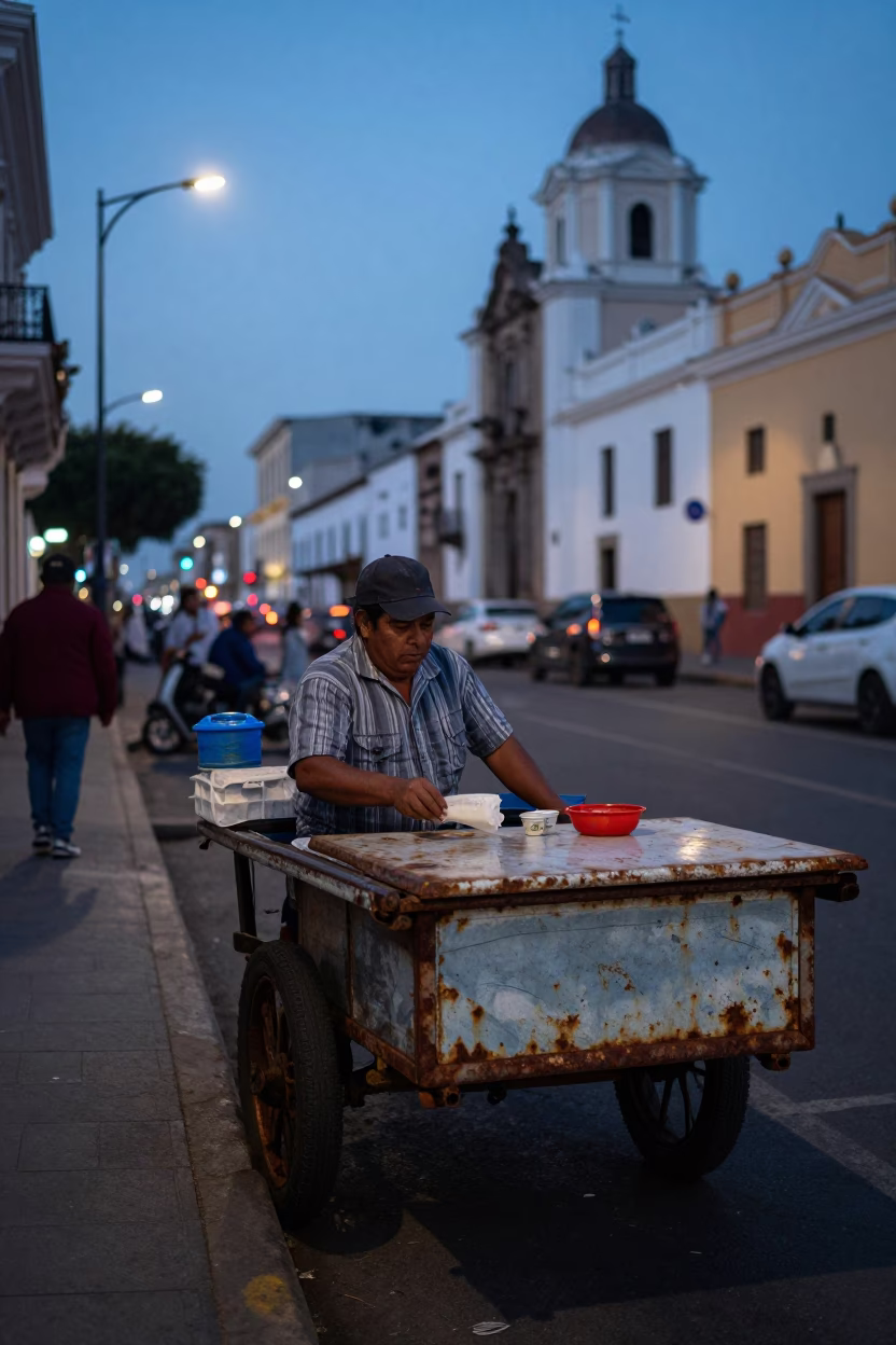 Twilight street scene in Lima Peru with vendor and urban details in in Lima, Peru
