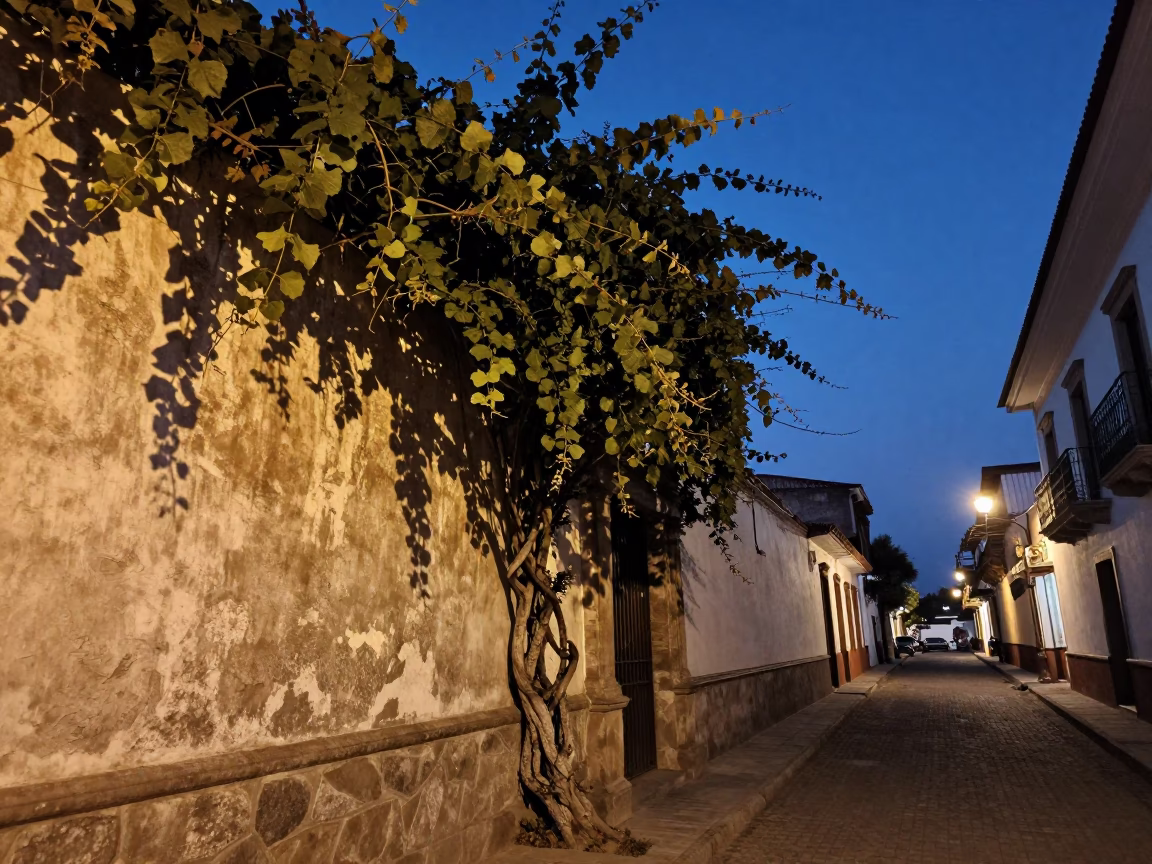 Twilight Street Scene in Lima Peru with Vine Leaves and Gate Handle in in Lima, Peru