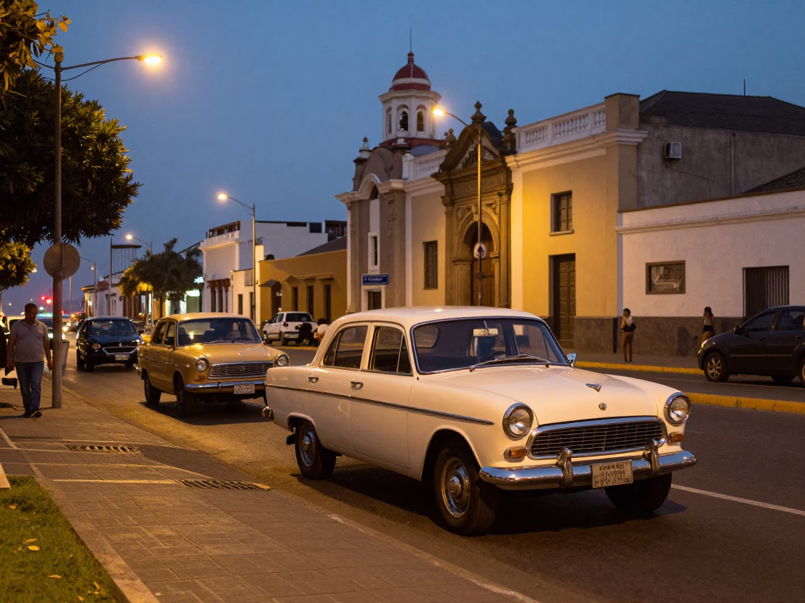 Twilight Street Scene in Lima Peru with Vintage Car and Glass Bottles in in Lima, Peru
