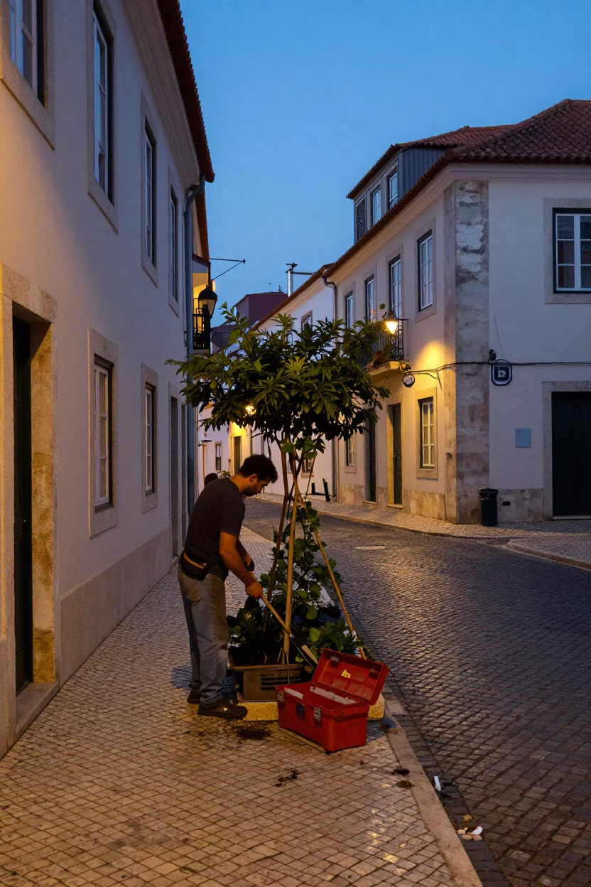 Twilight Street Scene in Lisbon Featuring a Gardener and Rustic Details in in Lisbon, Portugal