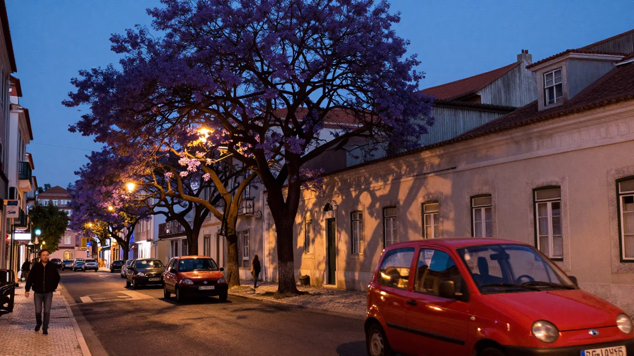 Twilight Street Scene in Lisbon Portugal Featuring Jacaranda Tree and Vintage Car in in Lisbon, Portugal