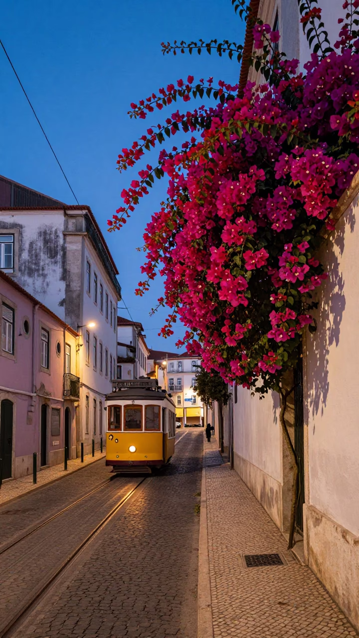 Twilight Street Scene in Lisbon Portugal with Bougainvillea and Tram in in Lisbon, Portugal