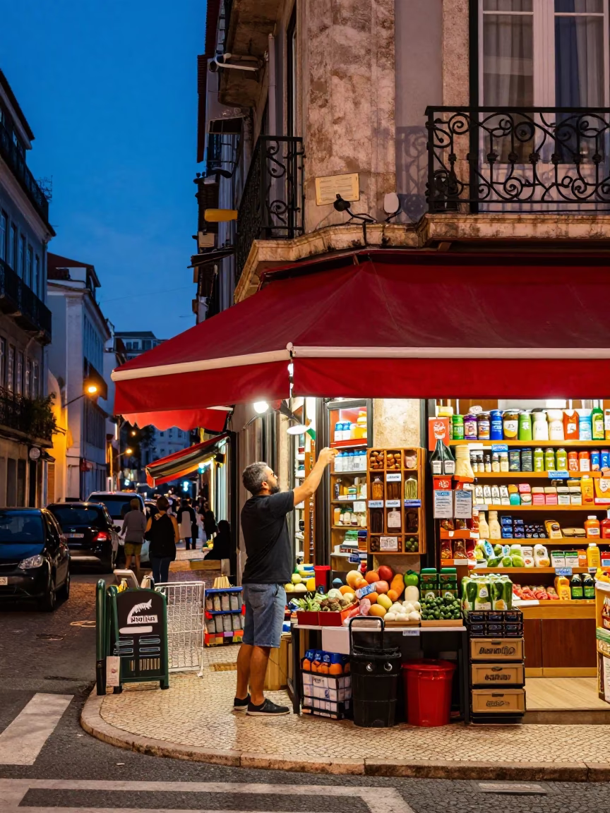 Twilight street scene in Lisbon Portugal with colorful awnings and local pedestrians in in Lisbon, Portugal