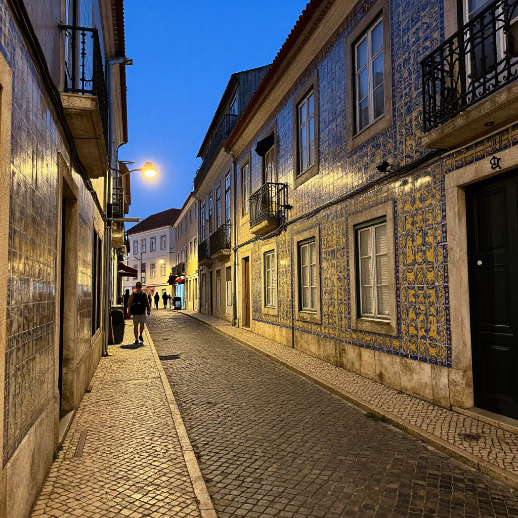 Twilight Street Scene in Lisbon Portugal with Colorful Tiles and Local Activity in in Lisbon, Portugal