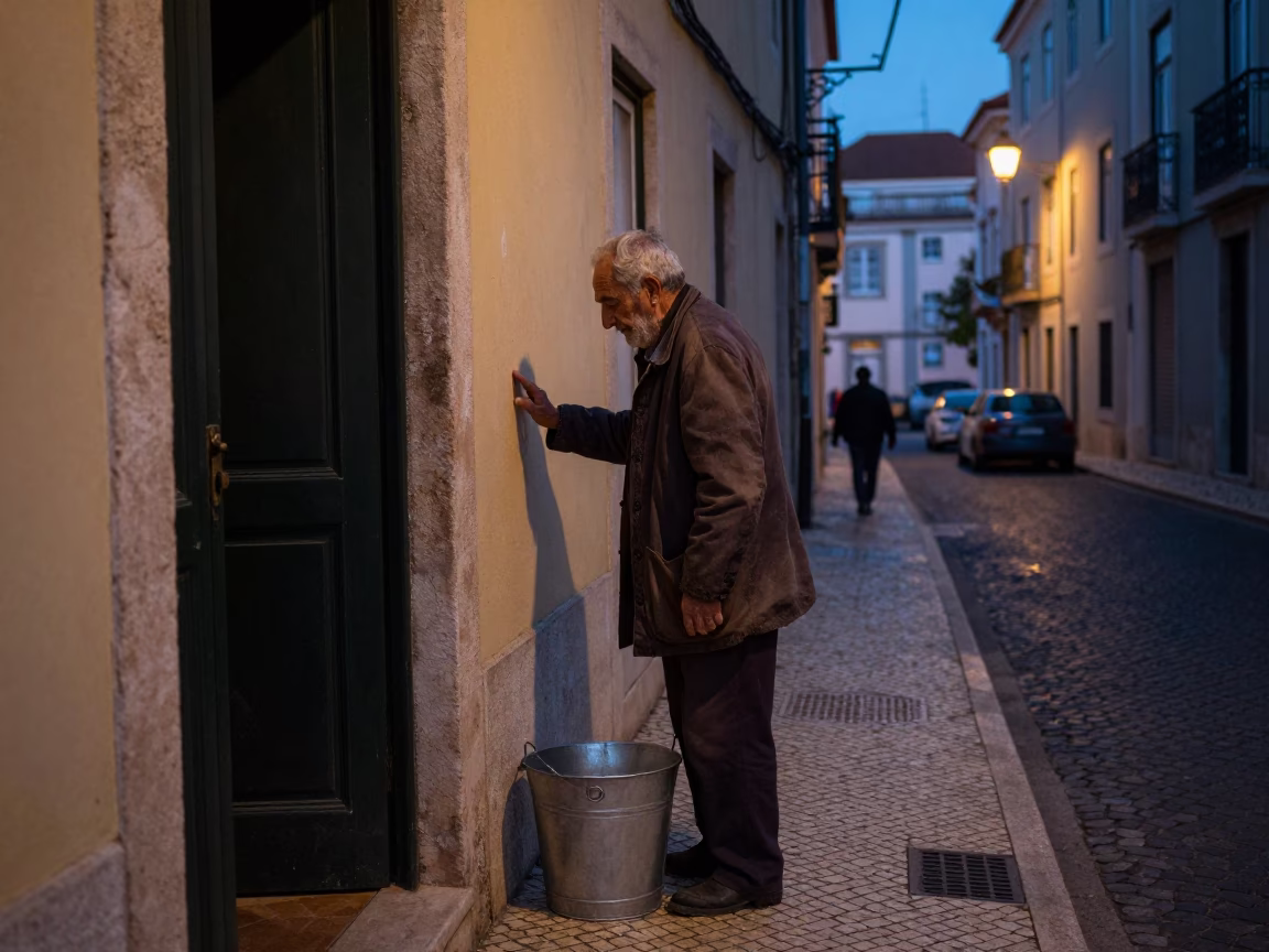 Twilight Street Scene in Lisbon Portugal with Metal Bucket and Faded Tiles in in Lisbon, Portugal
