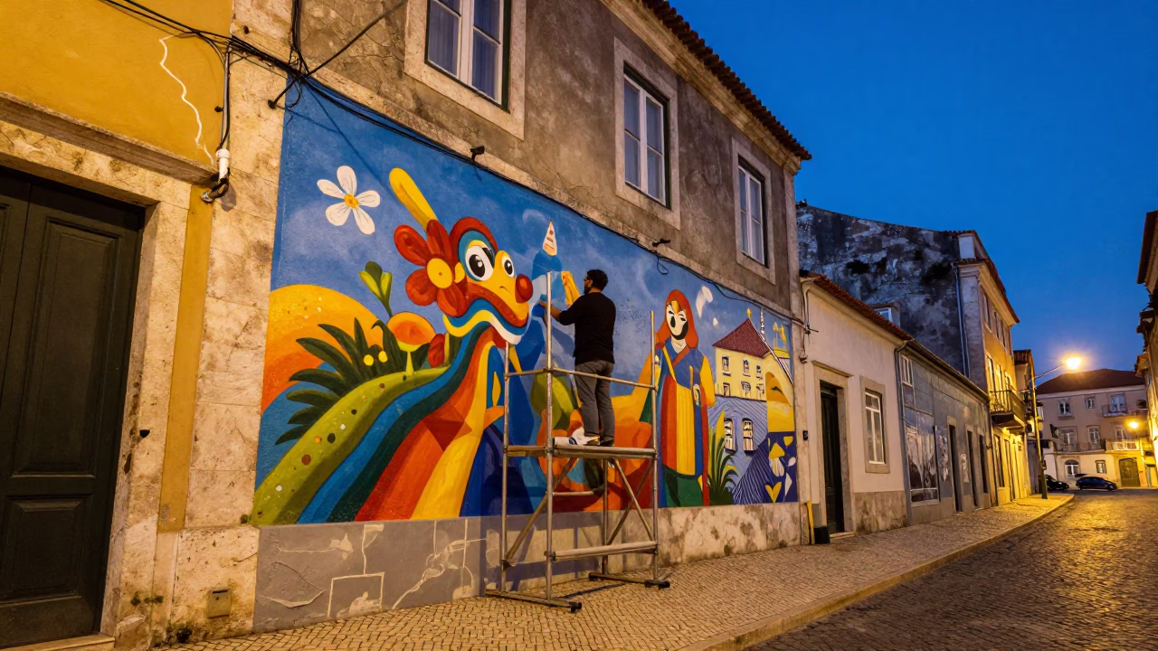 Twilight Street Scene in Lisbon Portugal with Mural Artist and Traditional Details in in Lisbon, Portugal