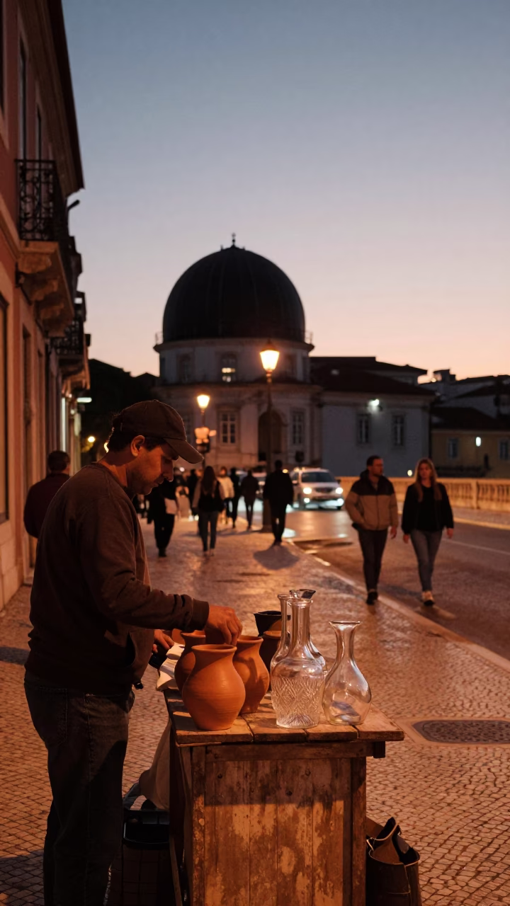 Twilight Street Scene in Lisbon Portugal with Observatory Dome Silhouette and Local Market Activity in in Lisbon, Portugal