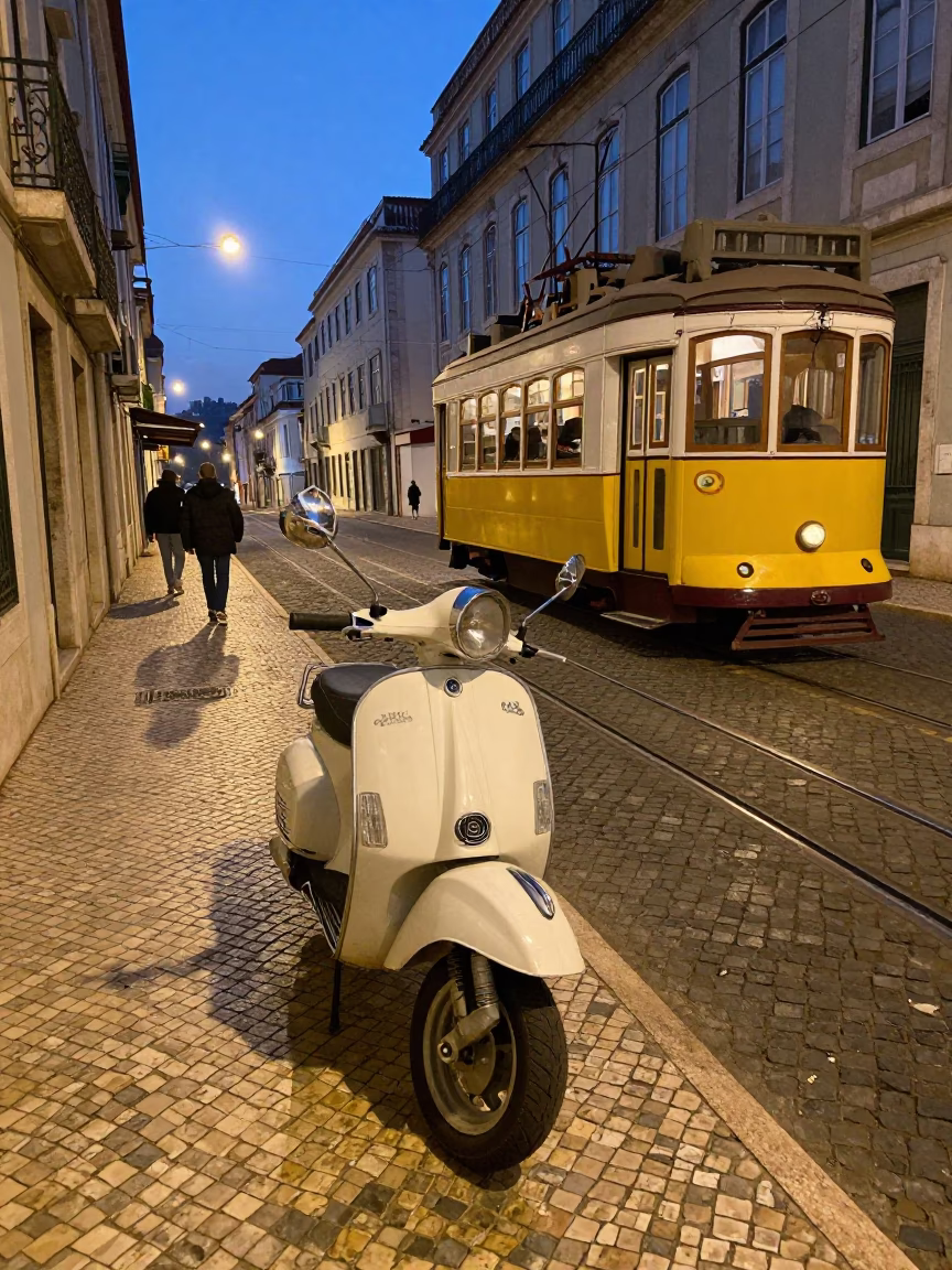 Twilight Street Scene in Lisbon Portugal with Scooter and Tram Tracks in in Lisbon, Portugal