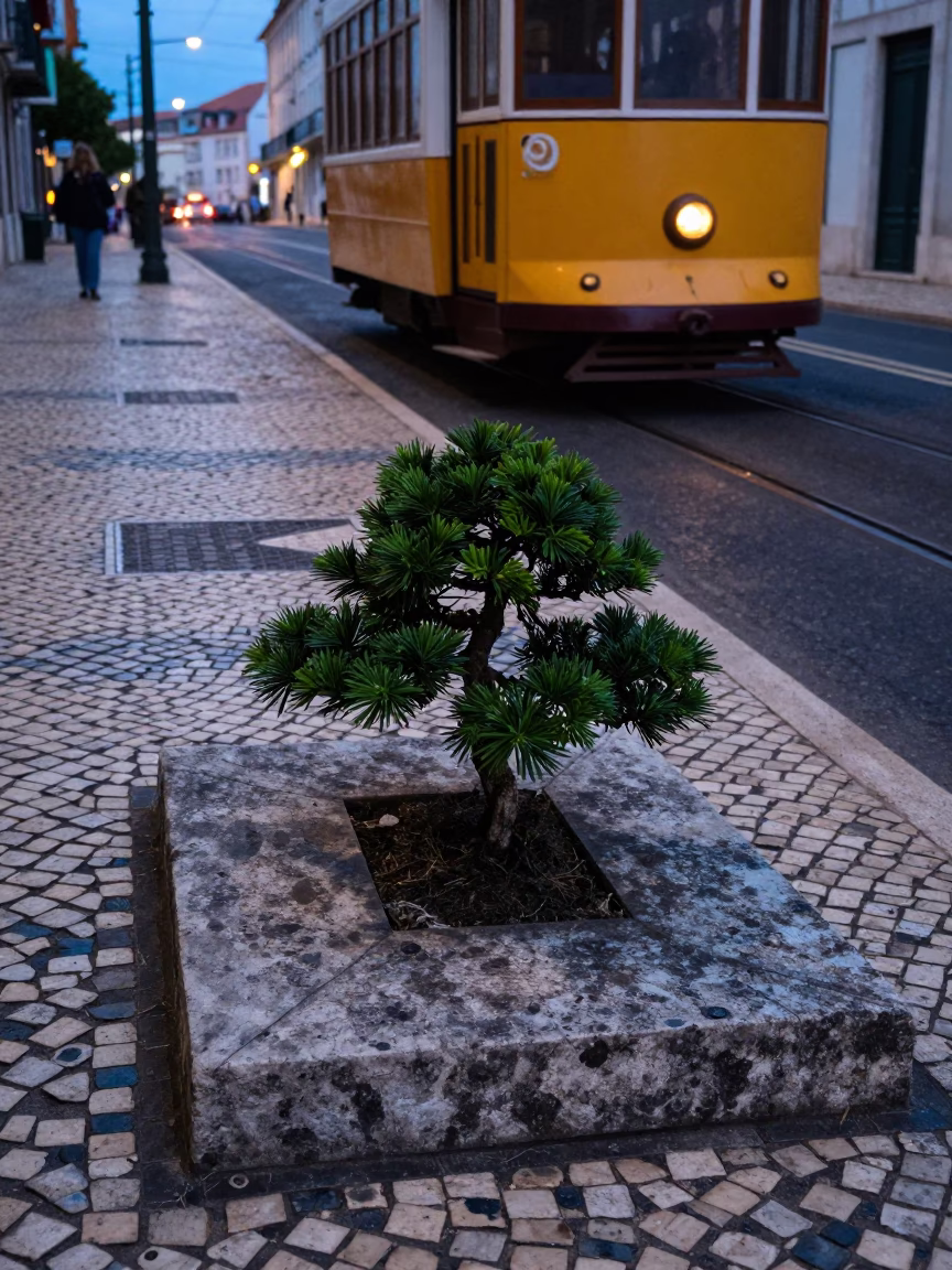 Twilight Street Scene in Lisbon Portugal with Stone Slab and Urban Details in in Lisbon, Portugal