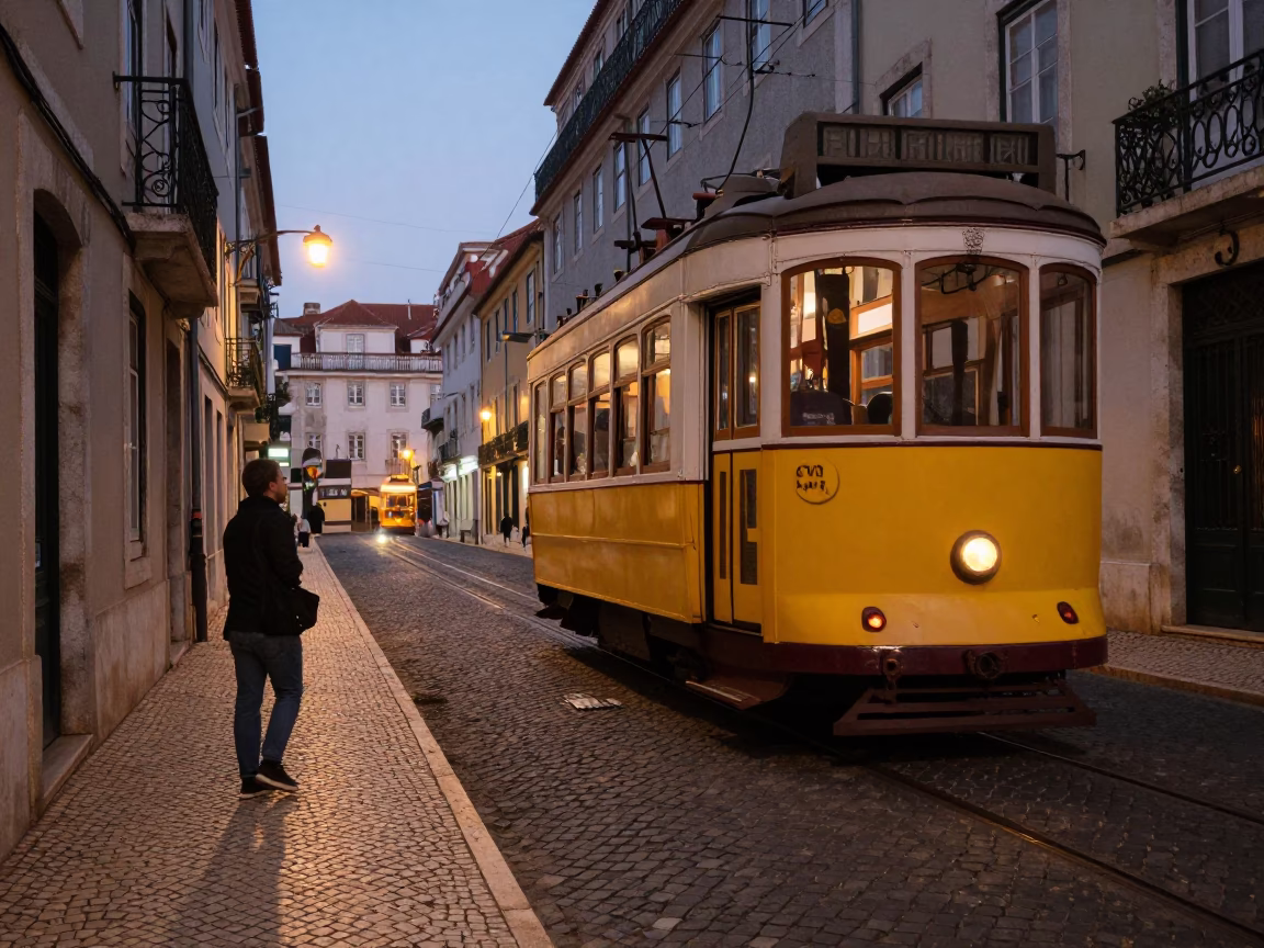 Twilight Street Scene in Lisbon Portugal with Tram and Historic Architecture in in Lisbon, Portugal