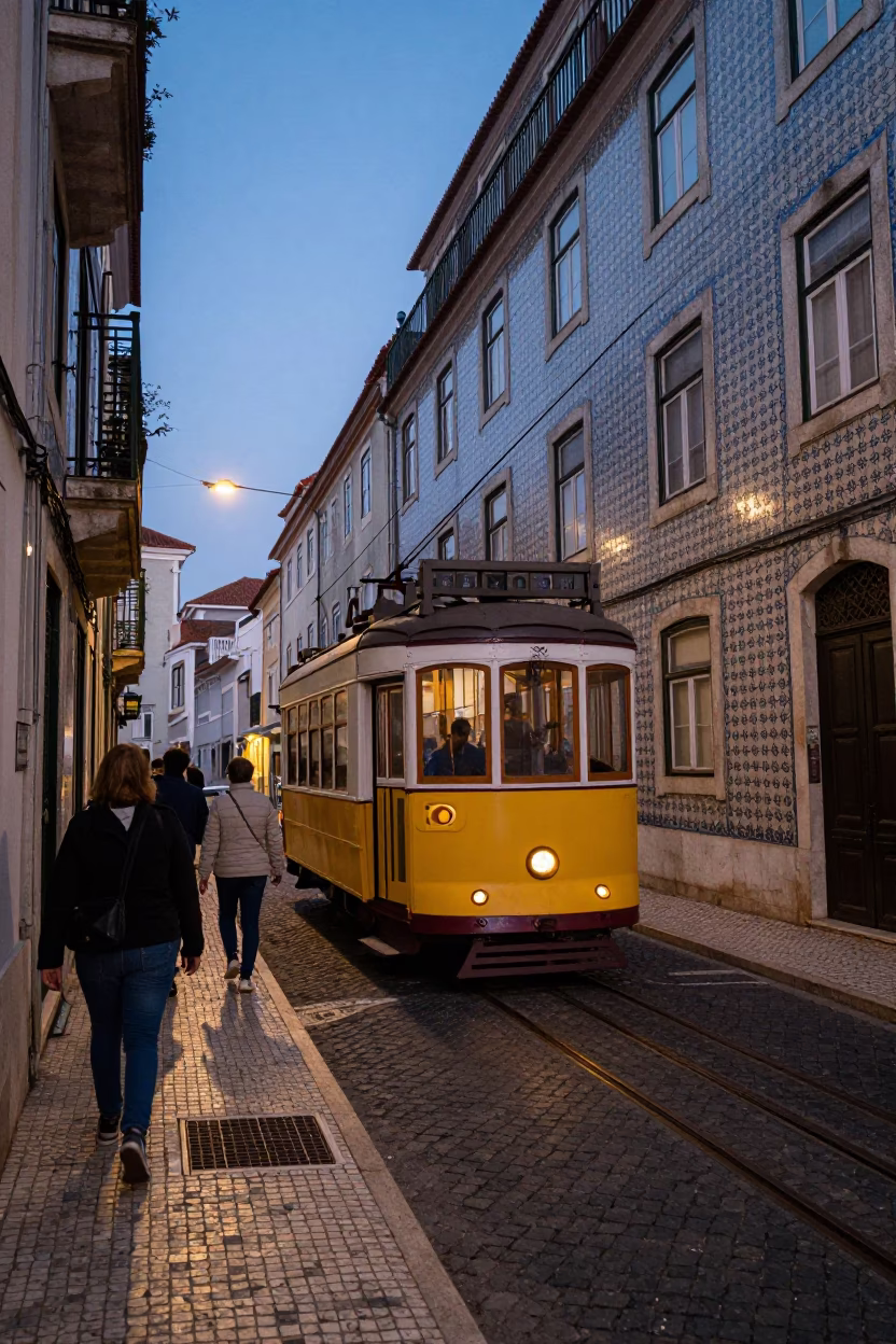Twilight street scene in Lisbon Portugal with tram and tiled buildings in in Lisbon, Portugal