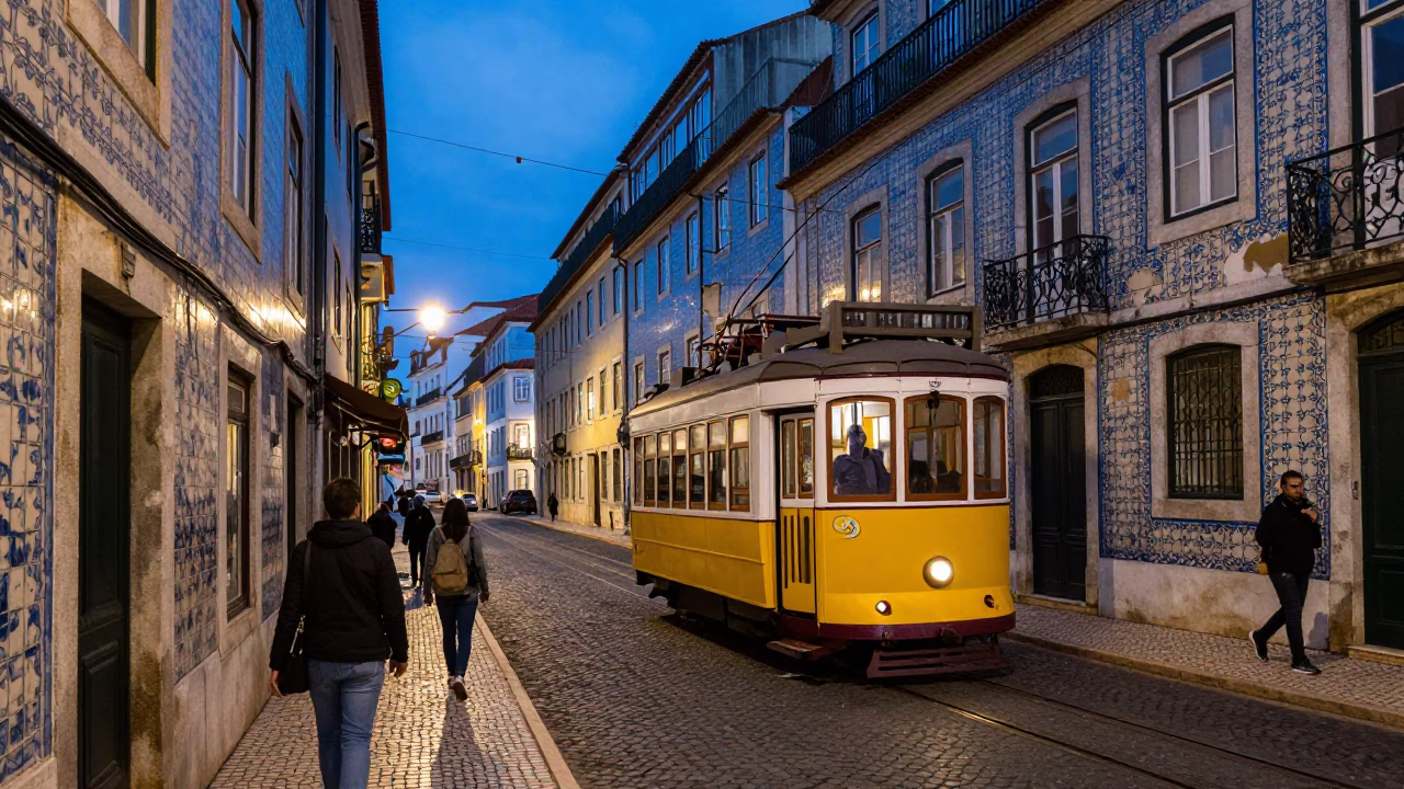 Twilight Street Scene in Lisbon Portugal with Tram and Traditional Architecture in in Lisbon, Portugal