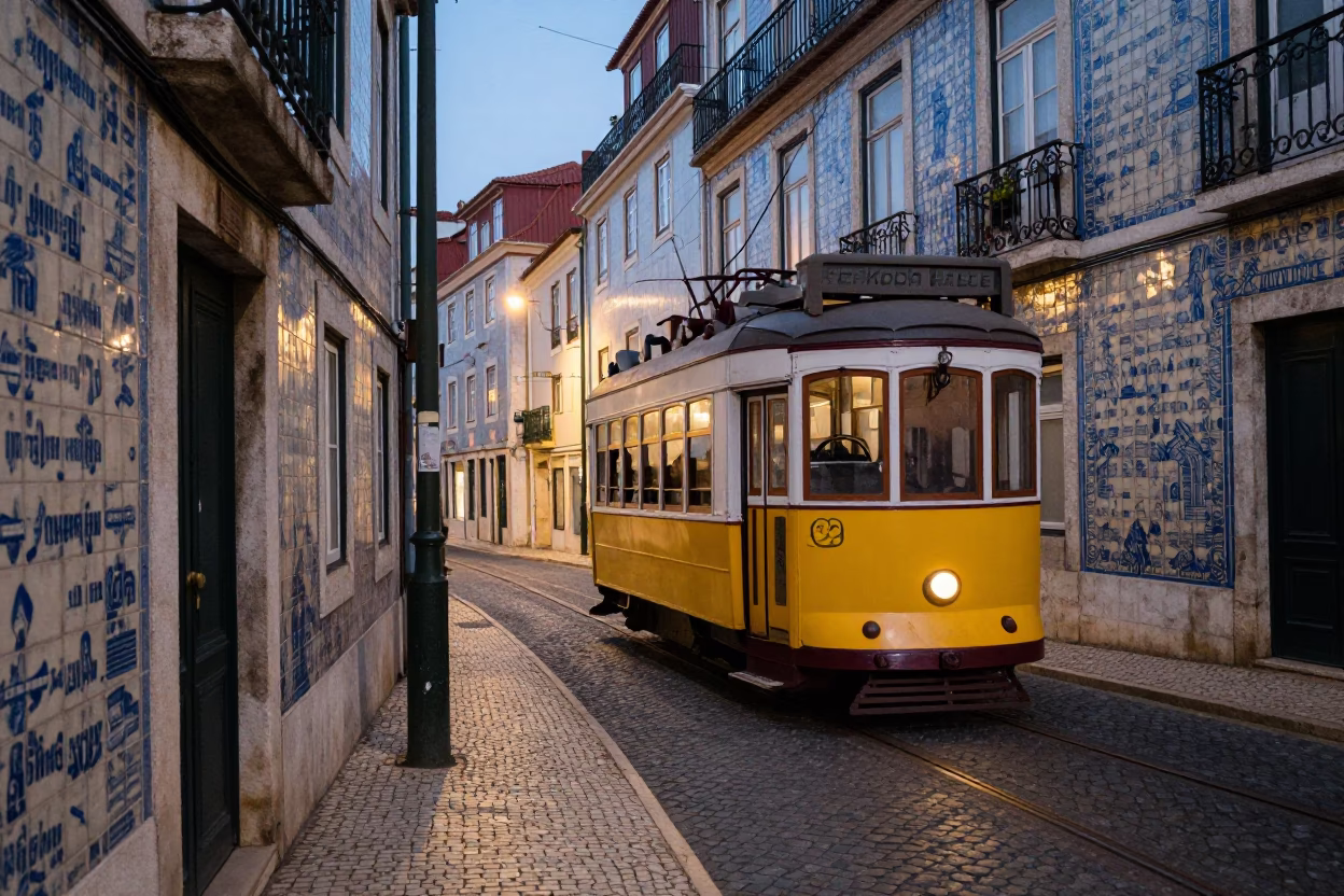 Twilight Street Scene in Lisbon Portugal with Tram and Traditional Tiles in in Lisbon, Portugal