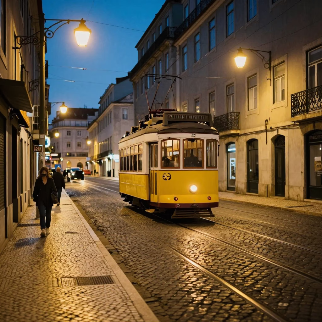 Twilight Street Scene in Lisbon Portugal with Tram Tracks and Urban Architecture in in Lisbon, Portugal