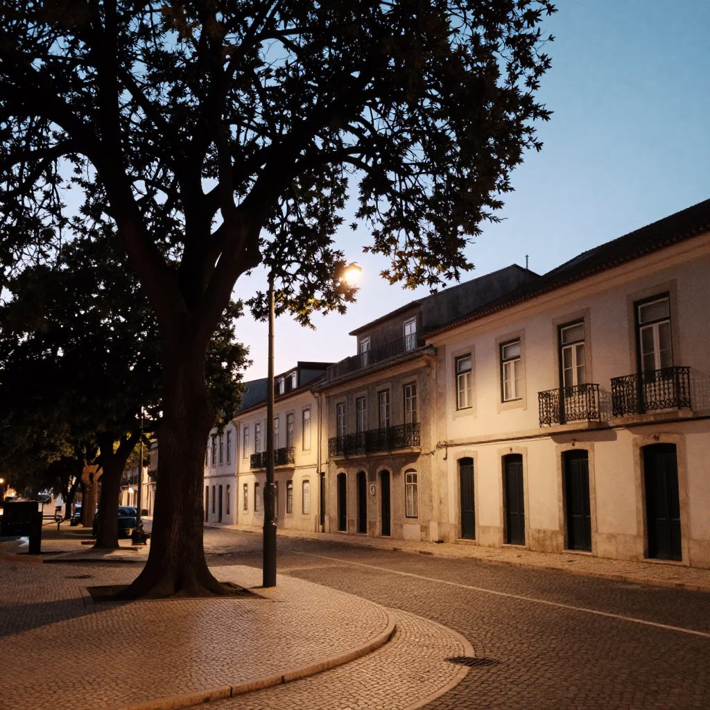 Twilight Street Scene in Lisbon Portugal with Tree and Local Details in in Lisbon, Portugal