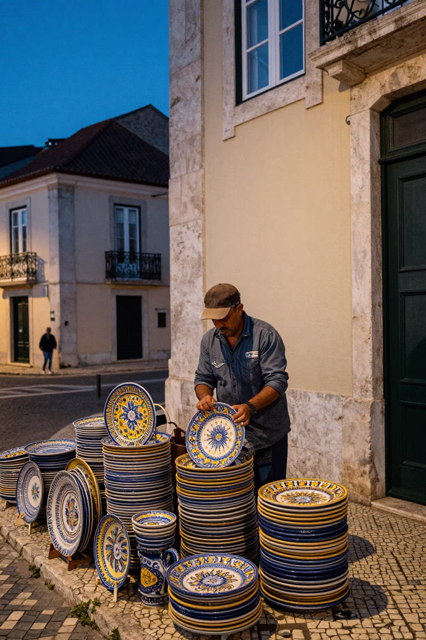 Twilight Street Scene in Lisbon Portugal with Vintage Italian Majolica Plate in in Lisbon, Portugal