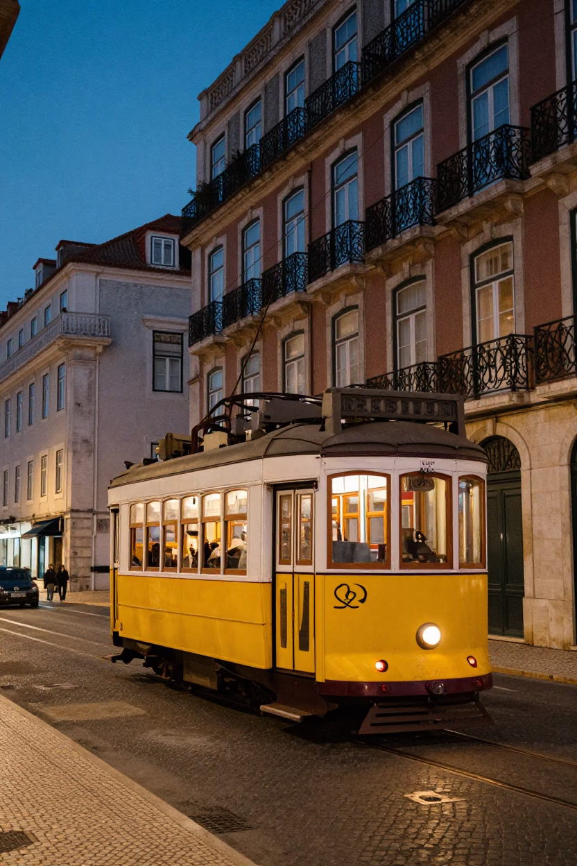 Twilight Street Scene in Lisbon Portugal with Vintage Tram and Art Nouveau Architecture in in Lisbon, Portugal