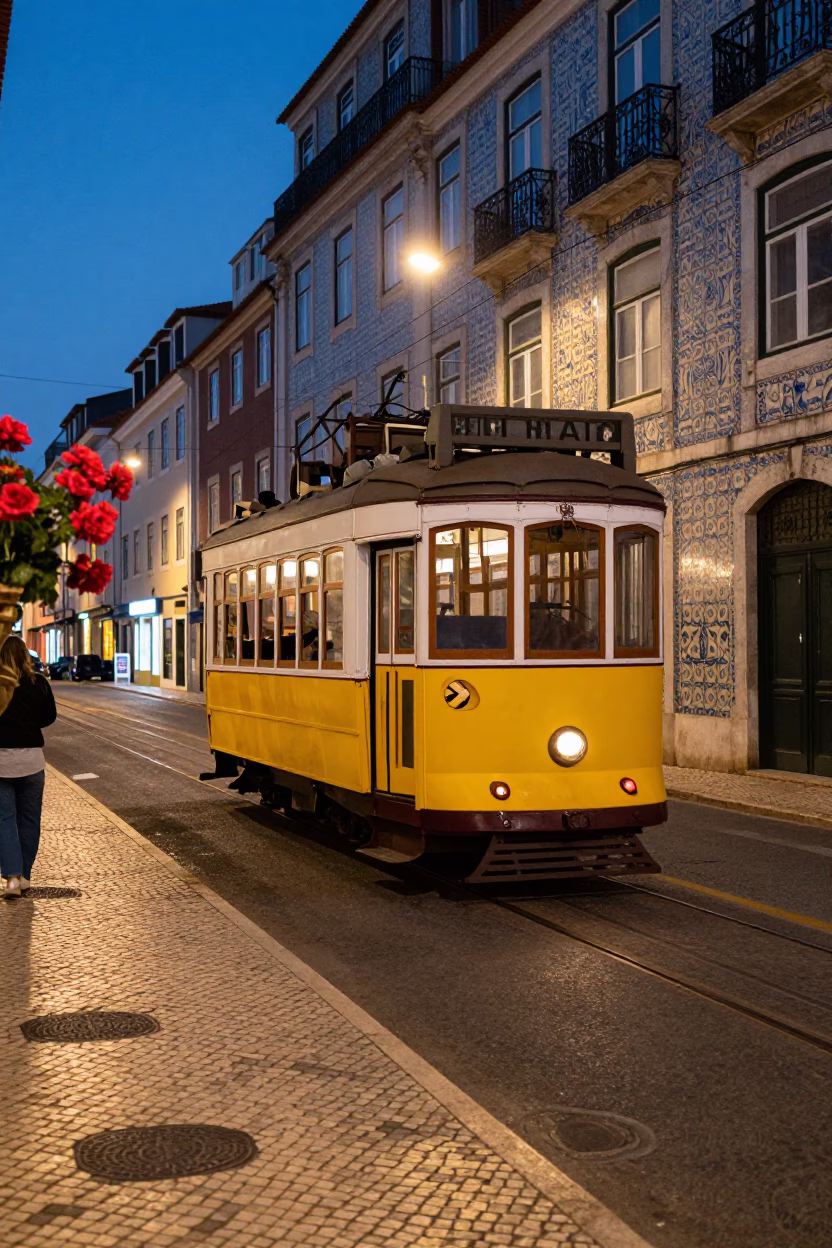 Twilight Street Scene in Lisbon Portugal with Vintage Tram and Flower Market Stalls in in Lisbon, Portugal