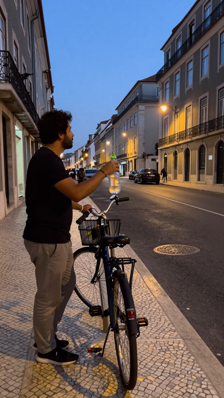 Twilight Street Scene in Lisbon Portugal with Watering Bottle and Bicycle Rack in in Lisbon, Portugal