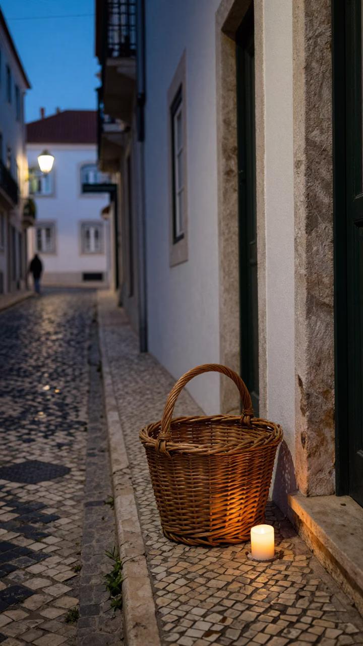 Twilight Street Scene in Lisbon Portugal with Wicker Hamper and Candle Holder in in Lisbon, Portugal