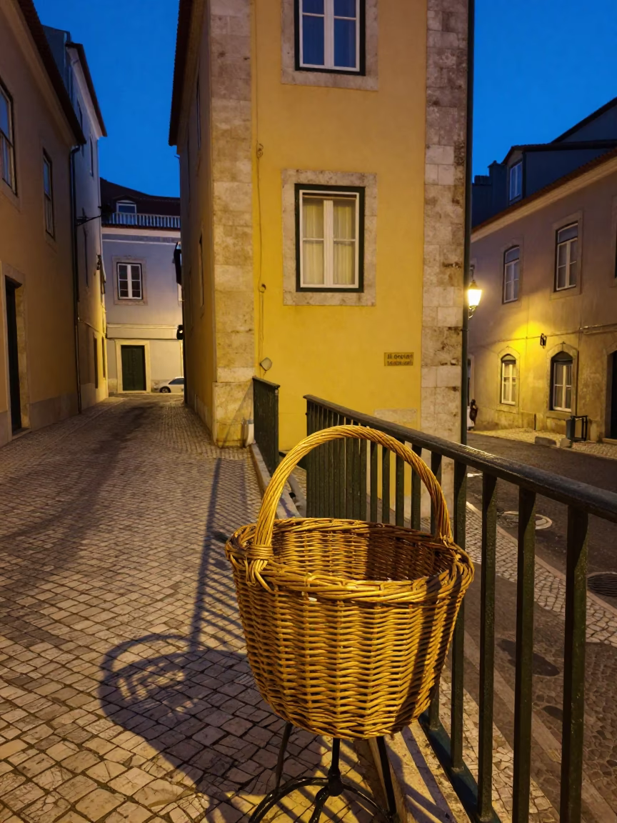 Twilight Street Scene in Lisbon Portugal with Wicker Shadow and Vintage Atmosphere in in Lisbon, Portugal
