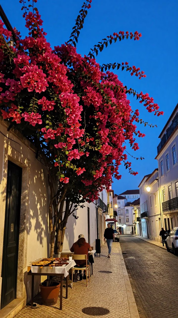 Twilight street scene in Lisbon with bougainvillea and grilled kebabs in in Lisbon, Portugal