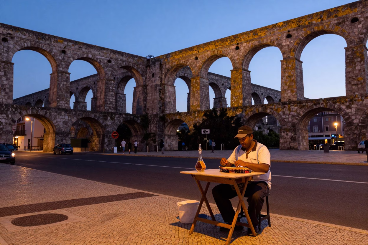 Twilight Street Scene in Lisbon with Decanter and Tambourine Near Aqueduct in in Lisbon, Portugal