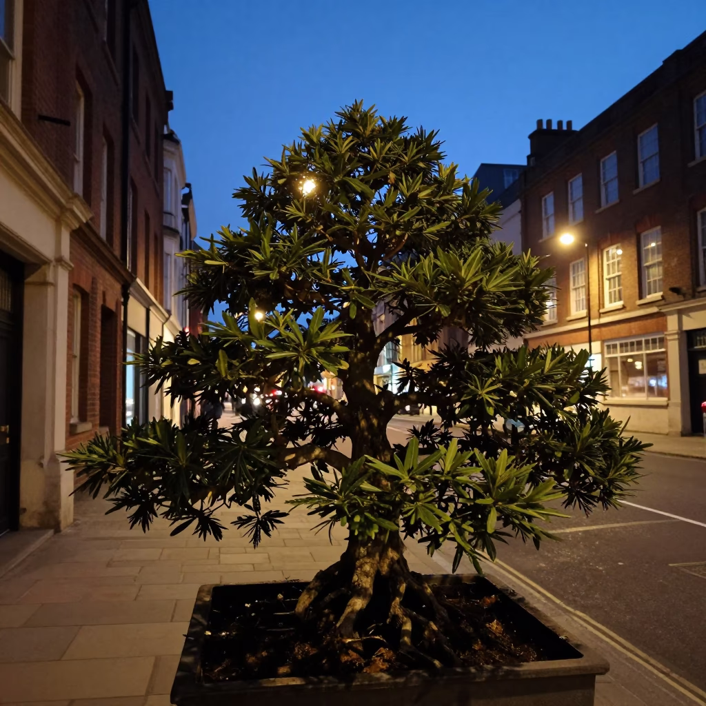 Twilight Street Scene in Liverpool UK with Bonsai Juniper on Stone Slab in in Liverpool, United Kingdom