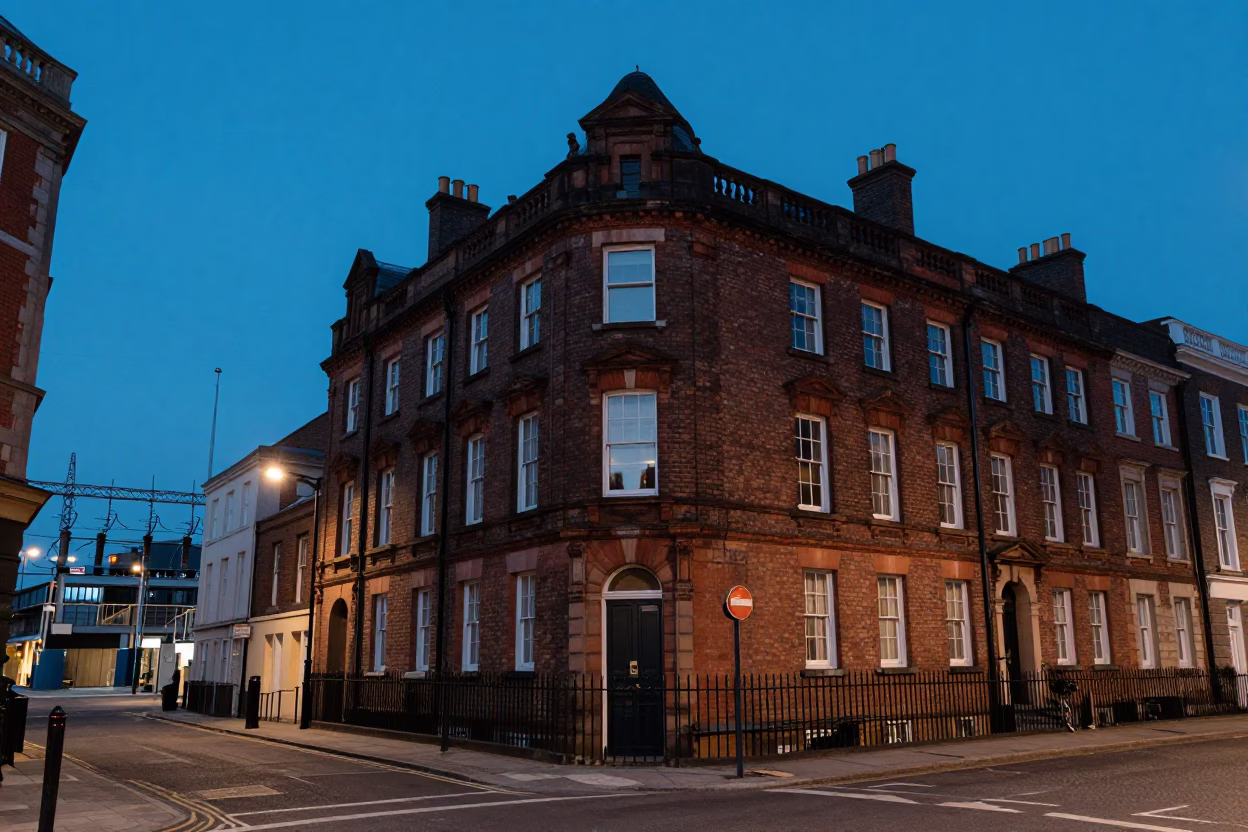 Twilight Street Scene in Liverpool UK with Substation Busbars and Urban Life in in Liverpool, United Kingdom
