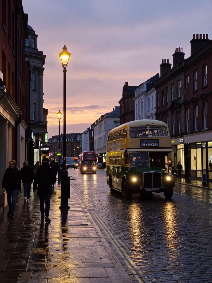 Twilight Street Scene in Liverpool UK with Vintage Details and Urban Atmosphere in in Liverpool, United Kingdom