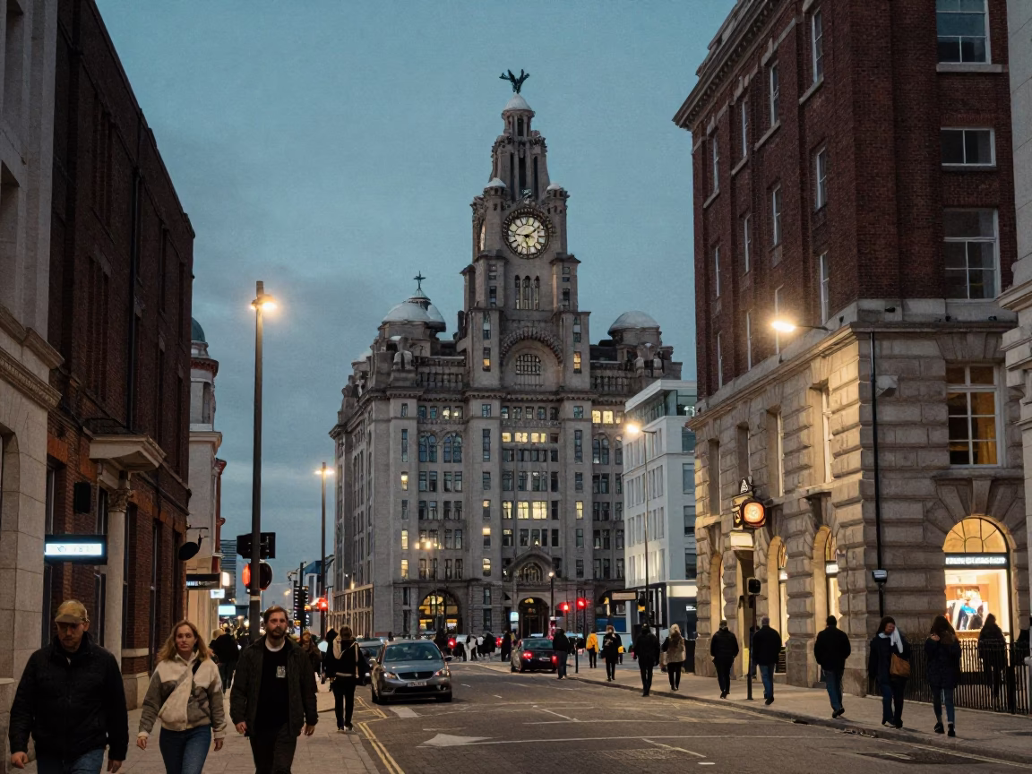 Twilight Street Scene in Liverpool United Kingdom with Bell Tower and Pedestrians in in Liverpool, United Kingdom