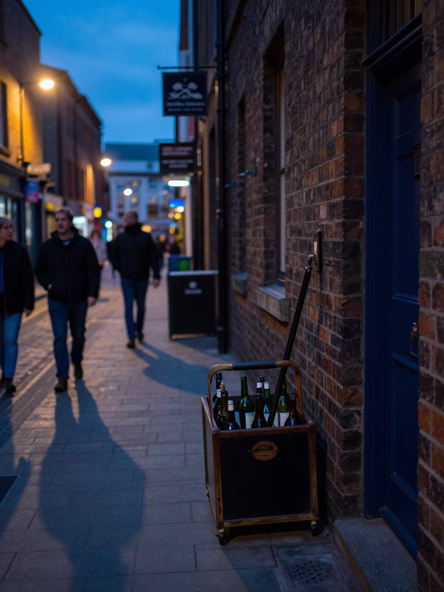 Twilight Street Scene in Liverpool United Kingdom with Vintage Bottle Caddy and Locket in in Liverpool, United Kingdom