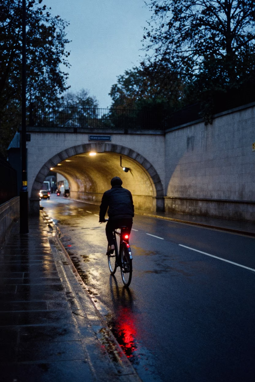 Twilight street scene in London featuring a cyclist and wet pavement reflections in in London, United Kingdom