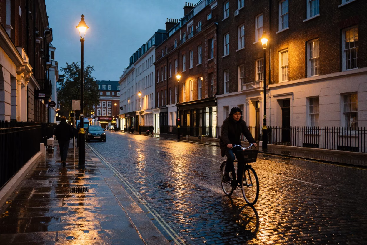 Twilight street scene in London UK with cobblestones and historic architecture in in London, United Kingdom